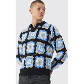 Mens Black Crochet Long Sleeve Knitted Polo
