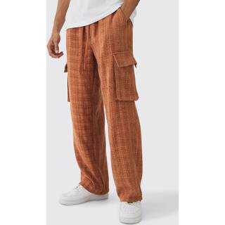 Mens Brown Elasticated Waist Baggy Boucle Cargo Pocket Trousers