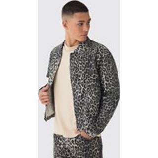 Mens Brown Relaxed Cropped Leopard Denim Jacket