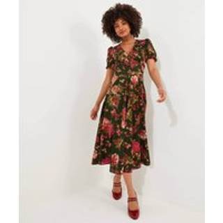 Joe Browns Joe Browns Green Vintage Floral V-Neck Puff Sleeve Midi 100% Cotton Dress