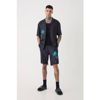 Mens Black Tall Back Print Linen Look Shirt & Short Set