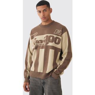 Mens Taupe Oversized Moto Stripe Knitted Jumper