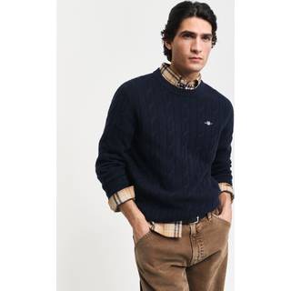 GANT Herre Crewneck sweater af lammeuld med kabelstrik (M) EVENING Blå