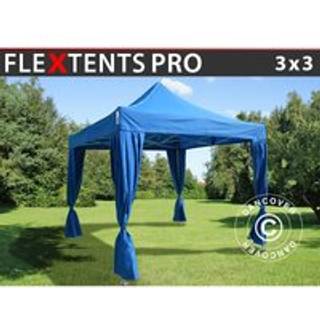 Foldetelt FleXtents Easy up pavillon PRO 3x3m Blå, inkl. 4 pyntegardiner