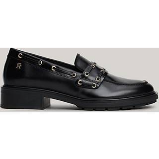 Eyelet Detail Block Heel Leather Loafers