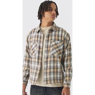 Mens Brown Oversized Pocket Detail Check Overshirt