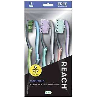 Reach Essentials-tandbrste med tandbrstehtter Multi-Zonede vinklede blde brster Contoured Hndtag Tungeskraber 6 Count