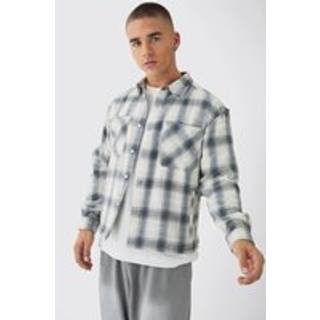 Mens Light Grey Oversized M Embroidered Check Long Sleeve Shirt