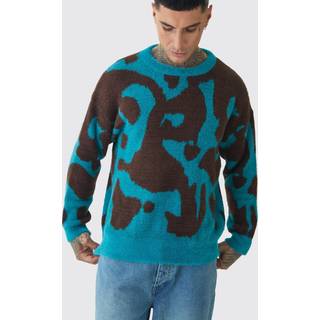 Mens Teal Tall Fluffy Knit Abstract Sweatshirt