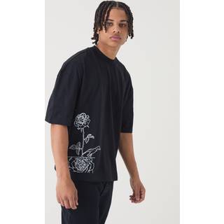 Mens Black Oversized Boxy Extended Neck Line Drawn T-shirt