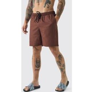 Mens Chocolate Regular Fit Contrast Stitch Ripstop Mid Length Swim