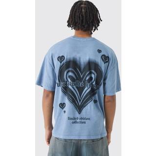 Mens Slate Blue Oversized Boxy Washed Heart Print T-Shirt
