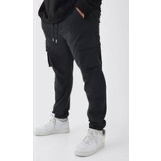 Mens Black Plus Slim Fit Elasticated Waist Cuffed Cargo Trousers