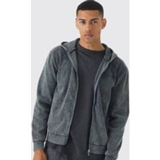 Mens Charcoal Regular Fit Washed Rib Man Embroidered Zip Through Hoodie