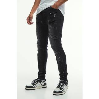 Mens Washed Black Skinny Stretch All Over Rip & Repair Paint Splatter Jeans