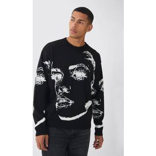 Mens Black Oversized Boxy Line Face Knitted Jumper