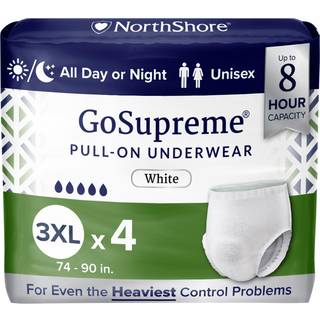 NorthShore GoSupreme Overnight Inkontinensundertøj, 3XL (ekstra stort), 4 stk, Unisex Hvid, 8-timers træk-på beskyttelse