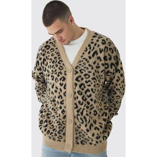 Mens Taupe Tall Brushed Knit Leopard Print Oversized Cardigan