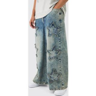 Mens Vintage Blue Wide Leg Rigid Star Distressed Applique Jeans