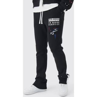 Mens Black Slim Stacked Flare Paint Splatter Gusset Jogger
