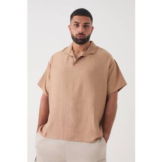 Mens Plus Oversized Linen Revere Polo In Taupe