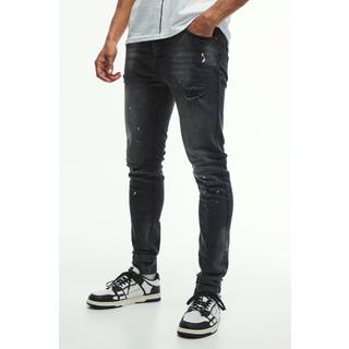 Mens Washed Black Skinny Stretch Knee Rip Paint Splatter Jeans