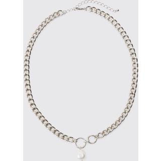 Mens Silver Chunky Chain Pearl Pendant Necklace