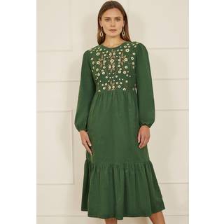 Yumi Langærmet 100% Bomuld Midi Kjole Med Blomster Tryk Broderi BodiceEU 42 (UK 14)