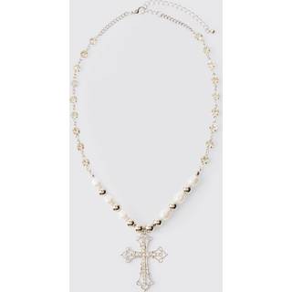 Mens Silver Cross Pendant Pearl And Metal Bead Necklace
