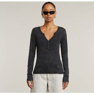 Deep V Overdyed Henley Slim Top - Black - Women
