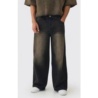 Mens Brown Elasticated Waist Extreme Baggy Rigid Tinted Wash Jeans