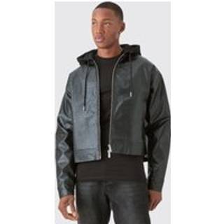 Mens Boxy Jersey Hooded PU Bomber Jacket In Black