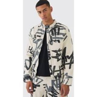 Mens Ecru Slim Boxy Denim Graffiti Laser Print Biker Jacket