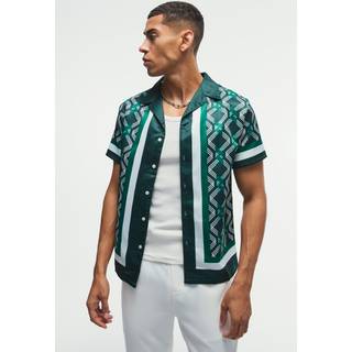 Mens Green Regular Fit Border Print Satin Shirt