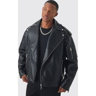 Mens Extreme Oversized Textured PU Biker Jacket In Black