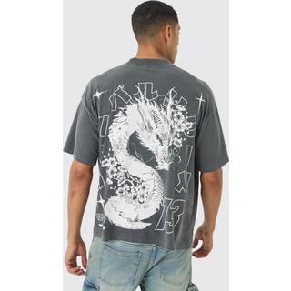 Mens Charcoal Oversized Large Scale Extended Neck Dragon Wash Print T-Shirt