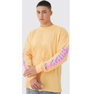 Mens Orange Oversized Washed Trippy Printed Long Sleeve T-Shirt