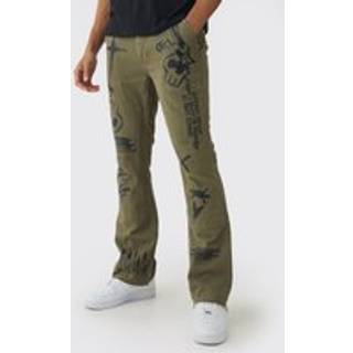 Mens Khaki Fixed Waist Slim Flare Twill Laser Printed Carpenter Trousers