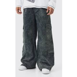 Mens Washed Black Elasticated Waist Baggy Stacked Heavyweight Washed Multi Cargo Trousers