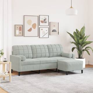 3-Personers Sofa Med Fodskammel Velour - 180 cm / Lysegrå
