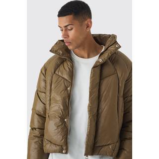 Mens Boxy High Shine Nylon Abstract Quilted Funnel Neck Puffer In Khaki