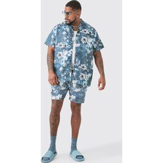 Mens Black Plus Regular Floral Print Shirt & Swim Short Set