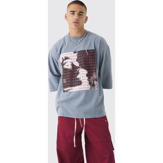 Mens Charcoal Oversized Heavyweight Distressed Acid Wash Box Graphic T-Shirt