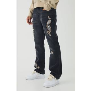 Mens Washed Black Slim Rigid Flare Washed Paisley Applique Jeans