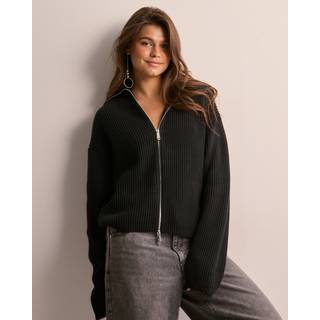 Chunky Ribbed Zip Up Cardigan - Black - XXS
