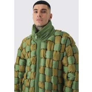 Mens Tall Contrast Hand Weft Padded Puffer Jacket In Khaki