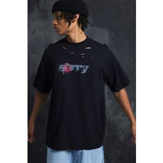 Mens Black Trippie Redd Oversized Extended Neck Heavy weight Washed Sorry T-Shirt
