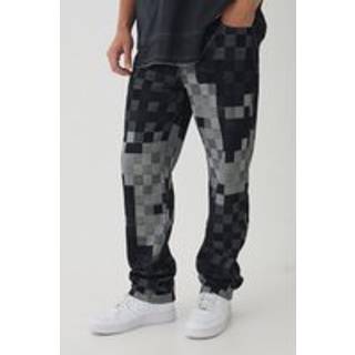 Mens Indigo Relaxed Fit Checkerboard Jacquard Turn Up Hem Jeans
