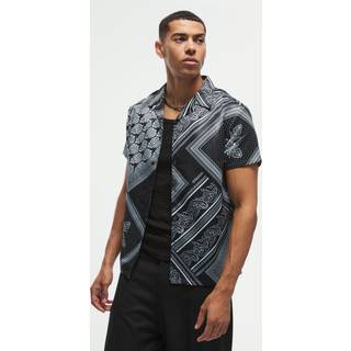 Mens Black Regular Fit Baroque Print Satin Shirt