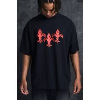 Mens Black Trippie Redd Oversized Extended Neck Heavyweight Washed Fleur De Lis T-Shirt
